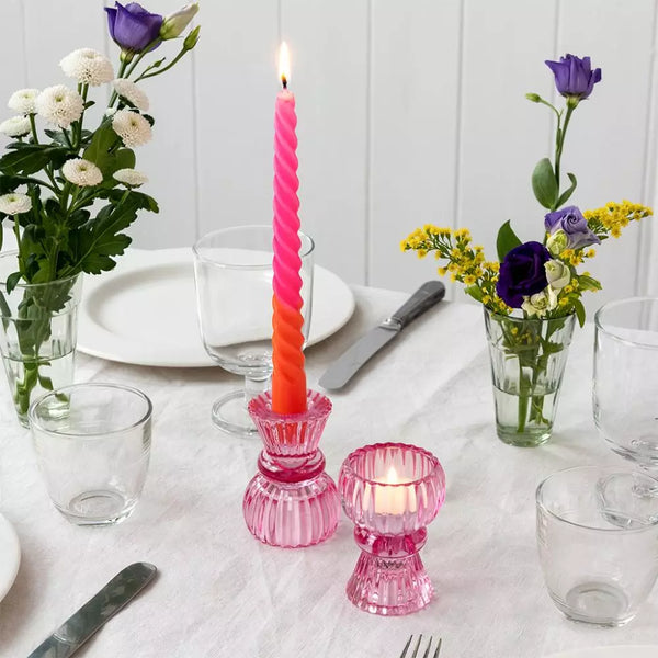 Double Ended Glass Candle Holder - Pink