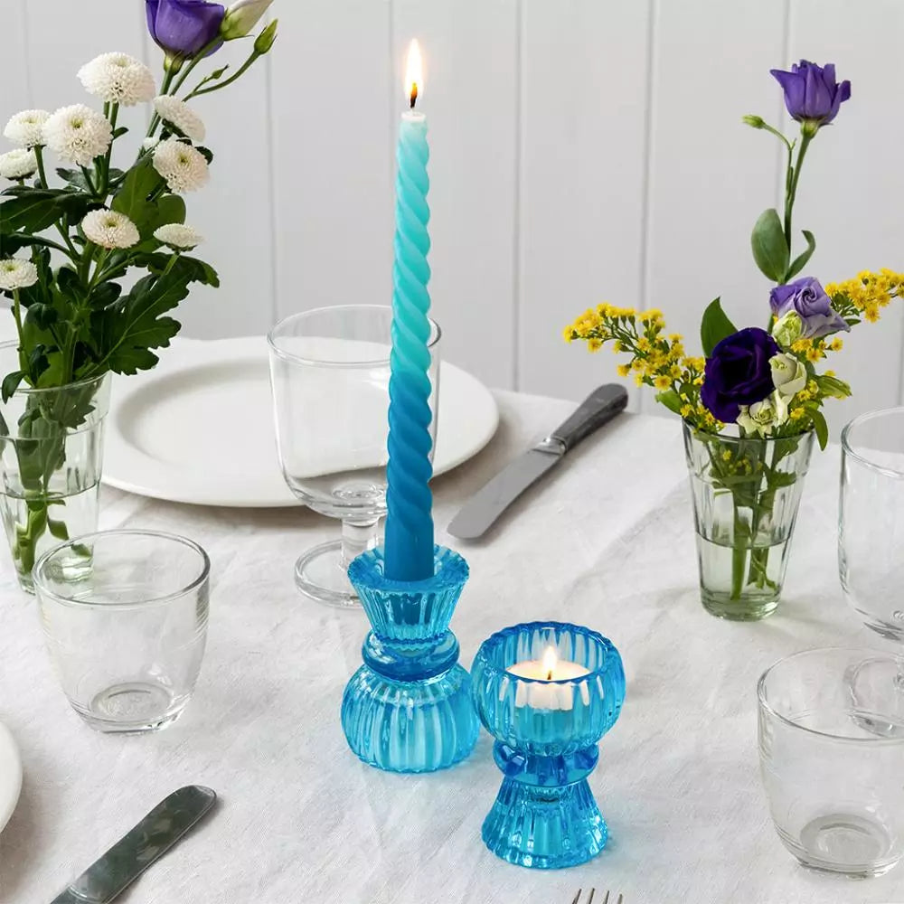 Double Ended Glass Candle Holder - Blue