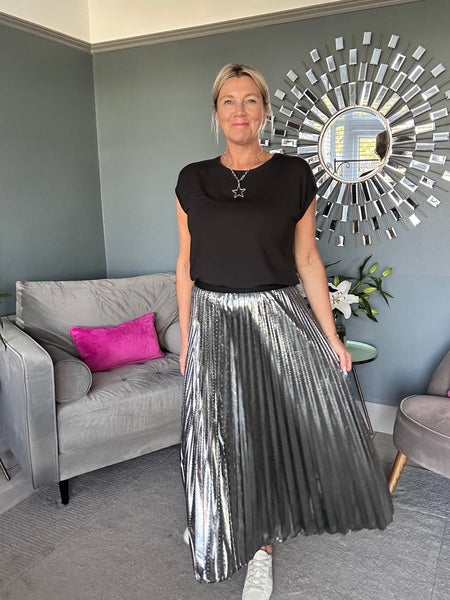 Metallic Pleated Skirt - Silver