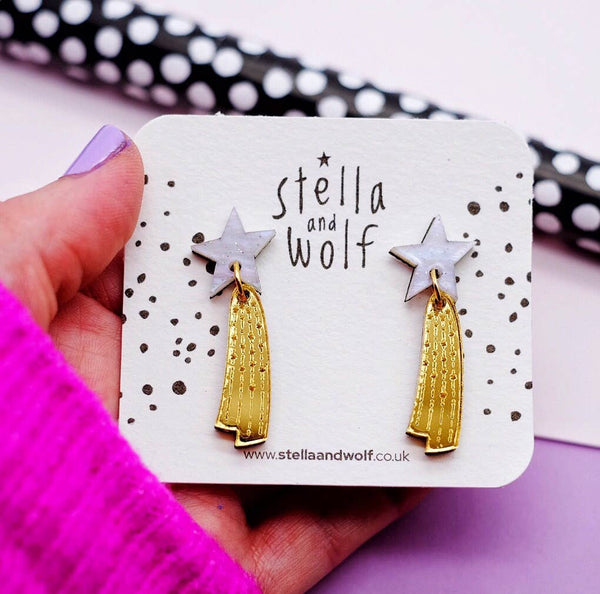 Stella & Wolf - Shooting Star Earrings - White & Gold