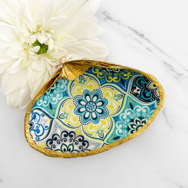 Decoupage Clam Shell Trinket Dish - Blue and Yellow Mosaic