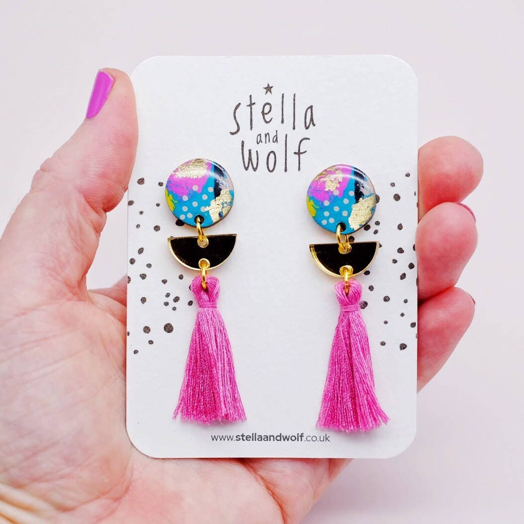 Stella & Wolf - Abstract Stud  Pink Tassel Earrings