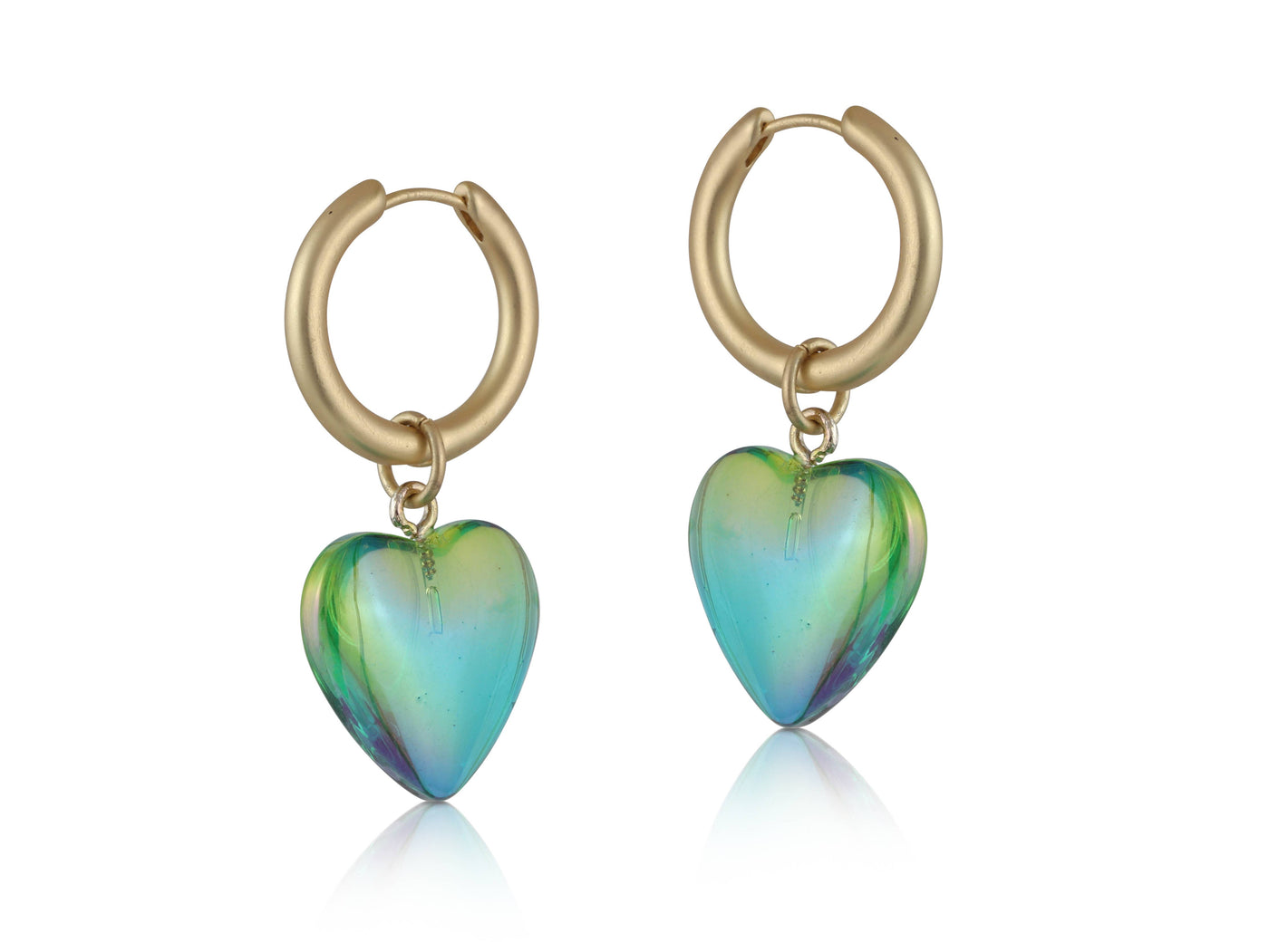 Iridescent Resin Hearts Huggies Earrings - Green
