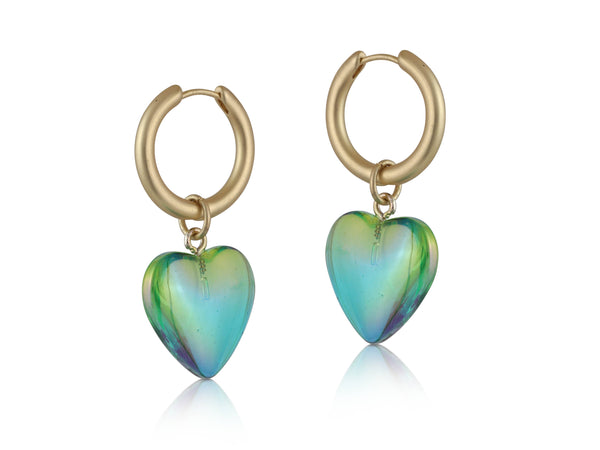Iridescent Resin Hearts Huggies Earrings - Green