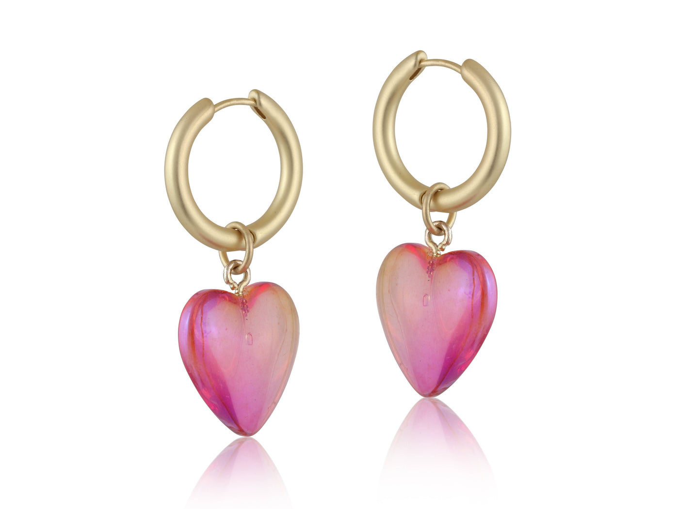 Iridescent Resin Hearts Huggies Earrings - Pink