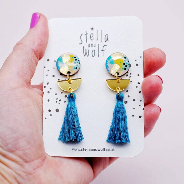 Stella & Wolf - Abstract Peacock Blue Tassel Earrings