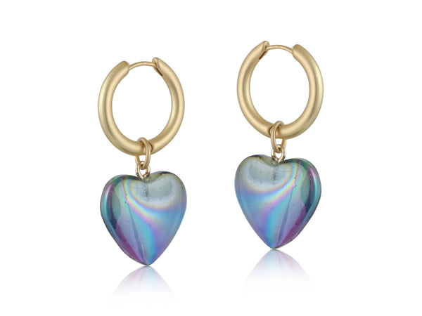 Iridescent Resin Hearts Huggies Earrings - Yellow/Lilac