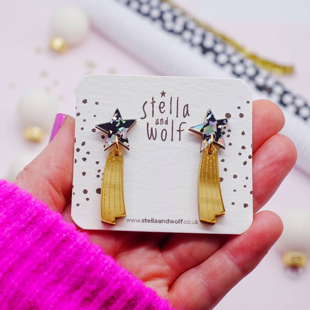 Stella & Wolf - Glitter Shooting Star Earrings - Silver & Gold