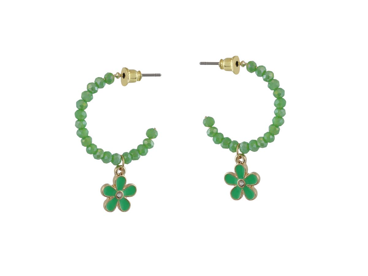 Flower Charm Beaded Hoop Earrings - Green