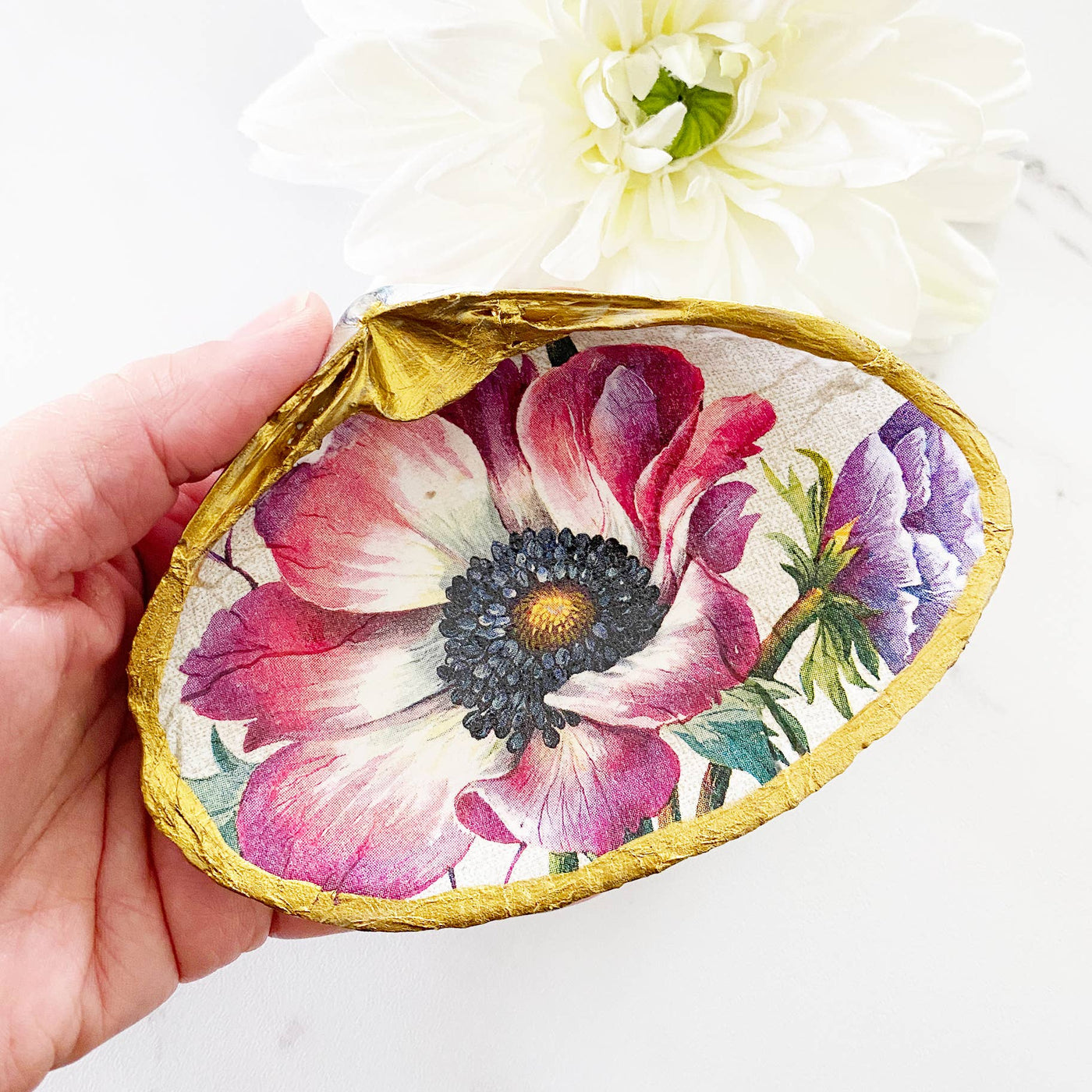 Decoupage Shell Trinket Dish - Anemone Pink Blossom Wildflower