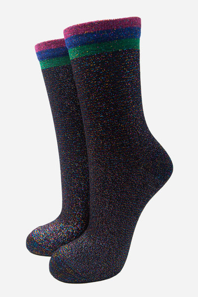 Striped Cuff Glitter Socks - Black Rainbow