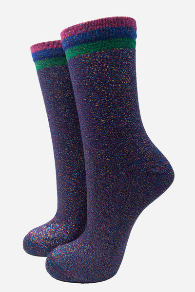 Striped Cuff Glitter Socks - Navy Rainbow