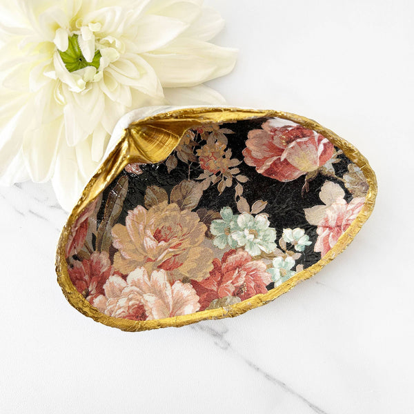 Decoupage Clam Shell Trinket Dish - Antique Vintage Blooms